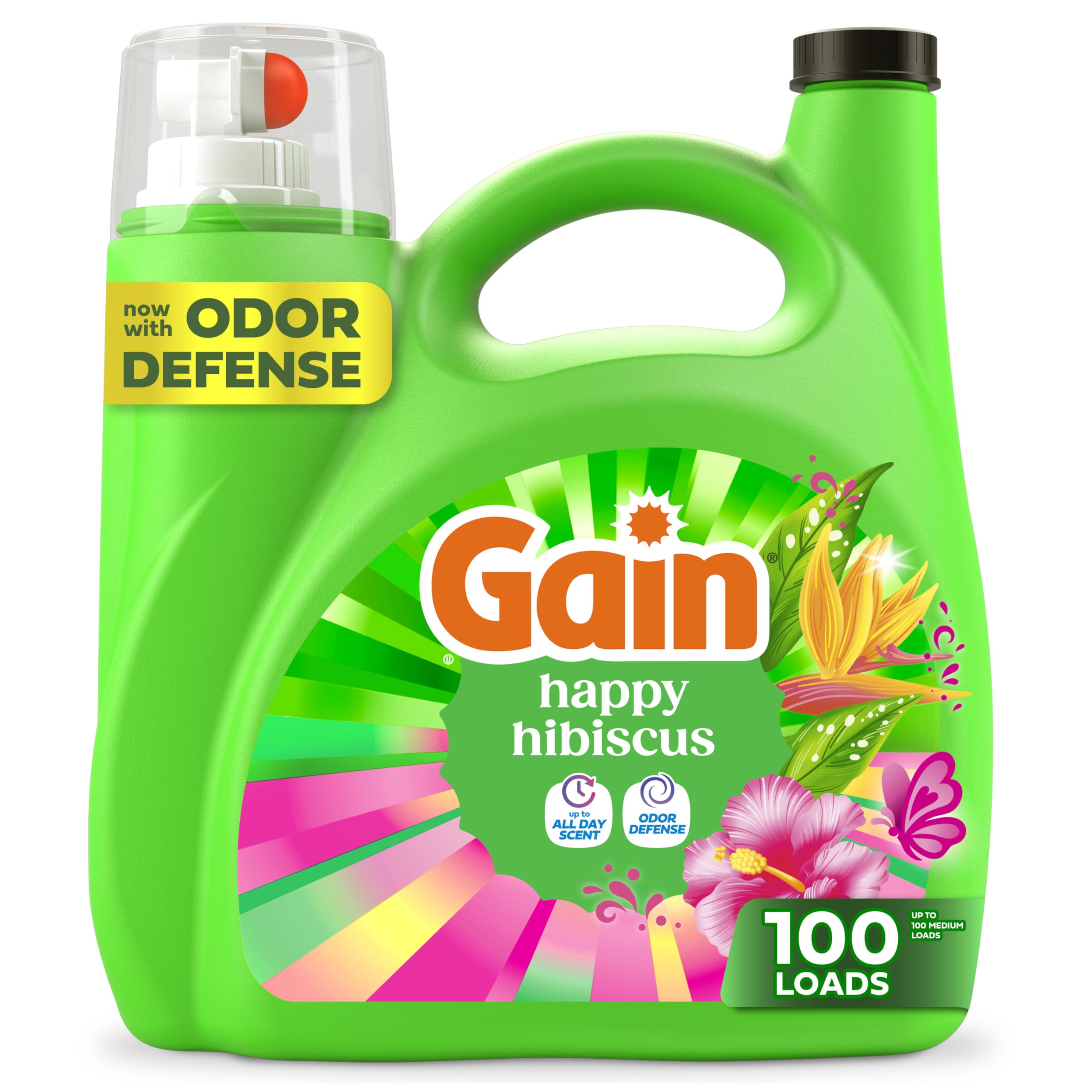 Gain Liquid Laundry Detergent, With Odor Defense, Happy Hibiscus Scent, Laundry Soap For HE Washing Machines, 132 fl oz, 100 Loads (Packaging May Vary)