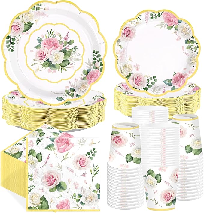 250Pcs Floral Tea Party Supplies Pink Floral Scalloped Plates Napkins Cups Pink Flower Garden Tableware Set for Spring Wedding Bridal Shower Baby Shower Garden Tea Party Decorations Serves 50