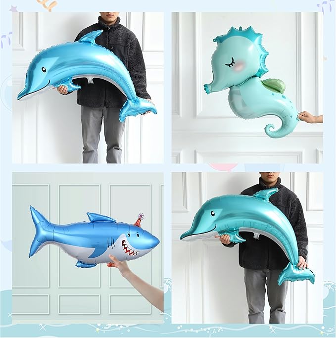 Under the Sea Party Decorations, 154pcs Slate Blue Mist Green Balloon Garland Arch Kit, Bubble Balloons with Dolphin Shark Hippocampus Foil Balloon for Ocean Birthday Party Supplies Shark Party Decor