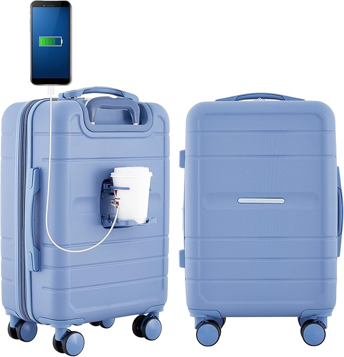 French Connection St. Martin Carry-On Luggage with Cup Holder/USB Ports, Stormy Blue