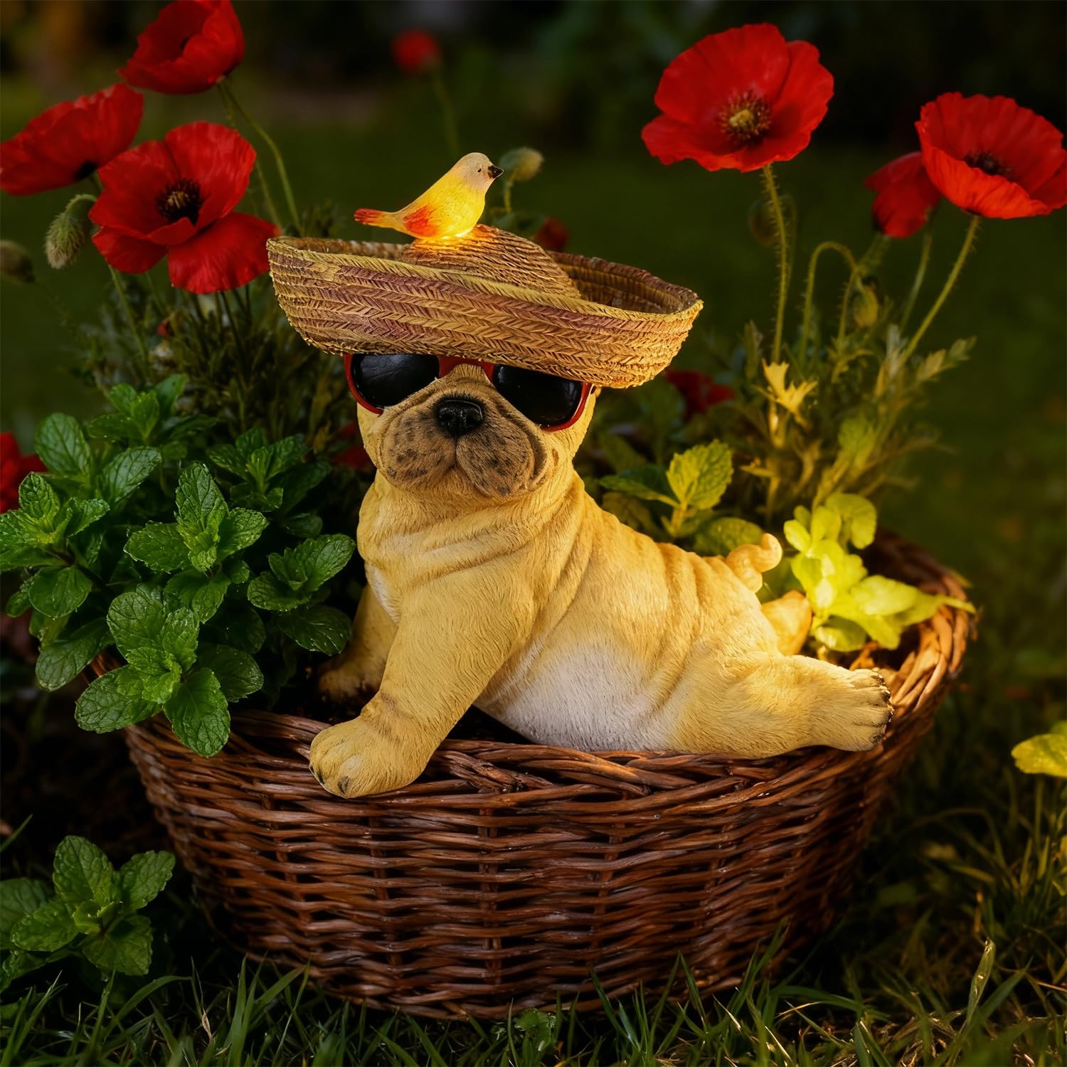 Glintoper Solar Garden Statue Dog Figurine, 8.7" Outdoor Resin Puppy Whimsical Lawn Porch Yard Art, Birthday Mothers Day Ideal Gifts, Lighted Shar Pei Ornaments for Patio Pathway Yard Decoration ﻿