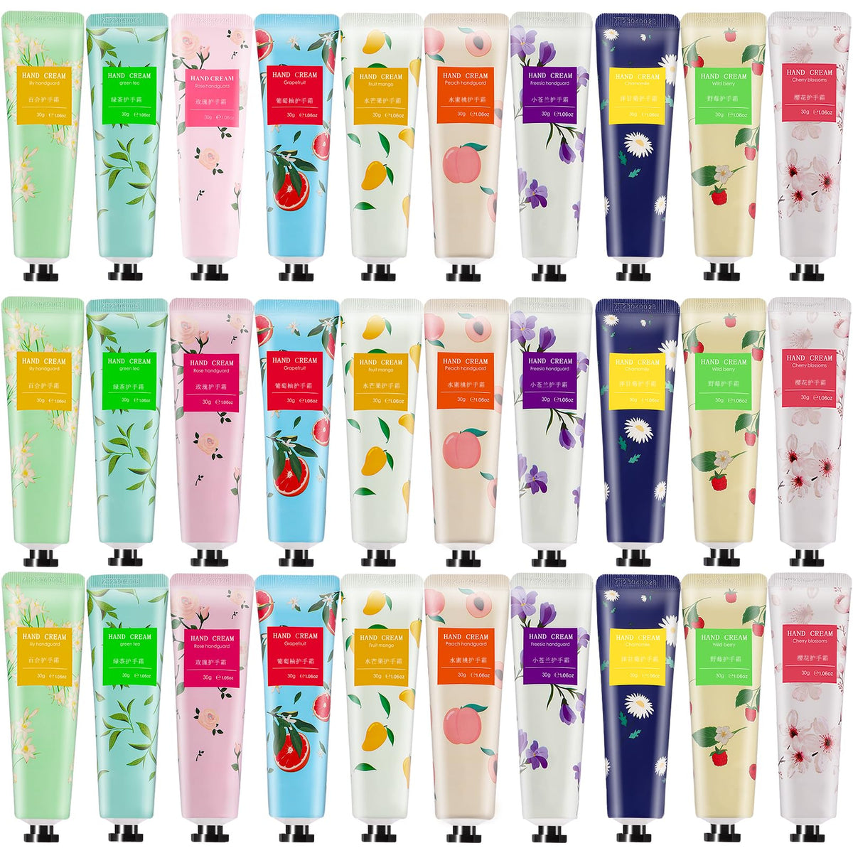 Loccmat 30 Pack Hand Cream Gift Set,Hand Lotion for Dry Cracked Hands,Moisturizing Hand Care Cream with Natural Plant Fruit Scented,Mini Hand Lotion Travel Size Bulk(Chinese and English language)