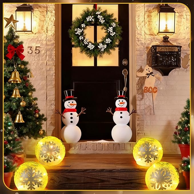 3 Pcs Winter Decorations Indoor 4 Crackle Snowflakes Glass Globe Ball Lamp Night Lights with LED Timer Battery Operated Lighted Decorative Tabletop Decor for Table Home Centerpiece Party Gift