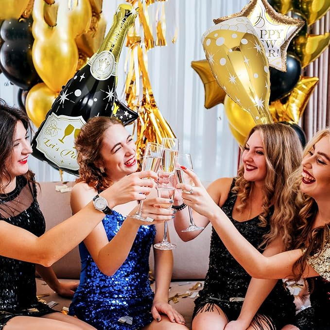 106 Pcs Gold Happy New Year Balloons, Huge Black Gold Champagne Bottle Goblet Aluminum Foil Balloons for New Years Eve Party Decorations Supplies Nye Decorations 2026