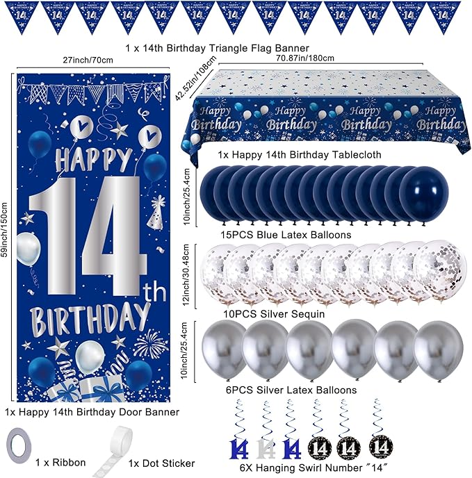 14th Birthday Decorations for Boys Girls, Blue Silver Happy 14th Birthday Party Decorations Supplies - Happy 14 Birthday Backdrop Banner Tablecloth Triangle Flag Balloons for 14 Year Old Bday Party