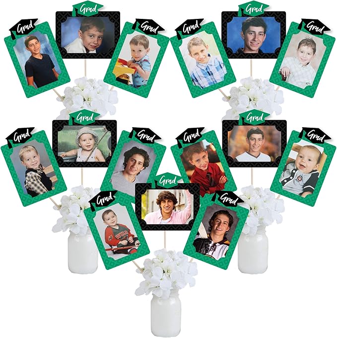 Green Grad Graduation Decoration, Photo Display Centerpiece Kit - 15 Double-Sided Photo Table Topper Sticks, Vertical and Horizontal 4x6 Picture Holders, DIY Party Supply Set