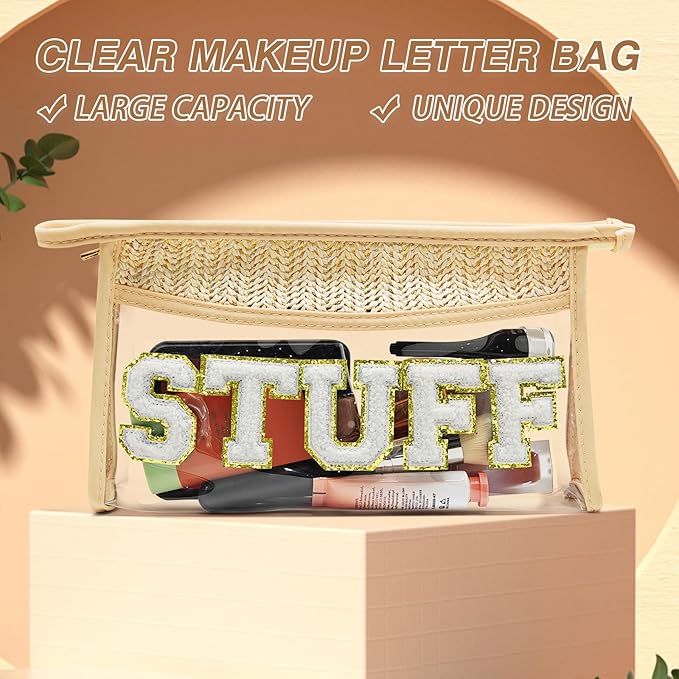 Boho Hand-woven Makeup Bag, Chenille Letter Patch Clear Travel Pouch, Rattan Straw Bag Clear Cosmetic Sunscreen Bags, Women Summer Retro Travel Beach Bag Beach Essentials (Boho_Beige-Stuff)