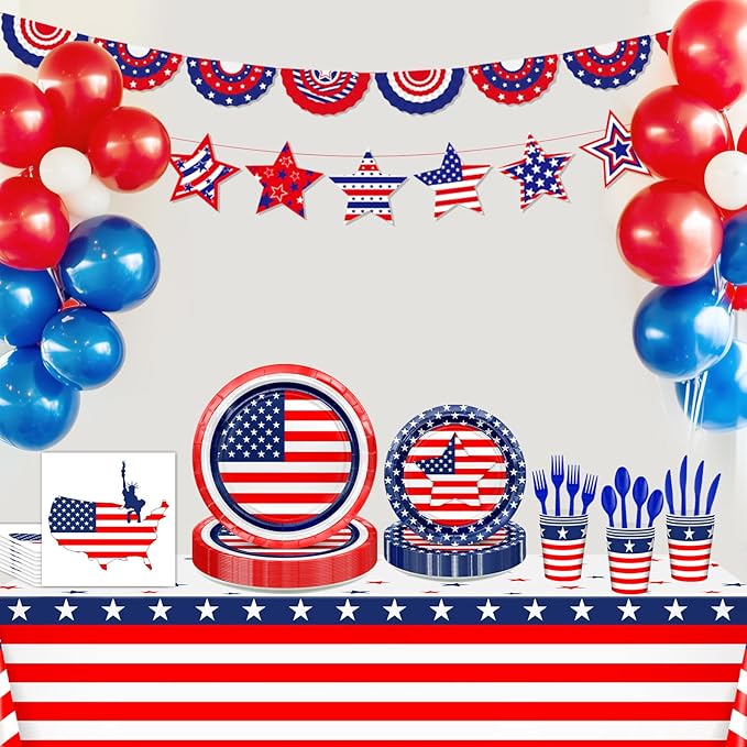 170 Pcs Patriotic American Flag Plates Napkins Cups Tablecloth Banner Red White Blue 4th of July Party Supplies for Flag Day, Veterans Decorations Serve 24