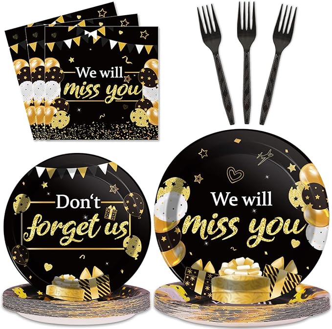 96pcs We Will Miss You Party Paper Plates Napkins Farewell Party Decoration Going Away Party Disposable Dinner Tableware Gold Black Goodbye Party Supplies Graduation Leaving Retirement Party 24 Guests