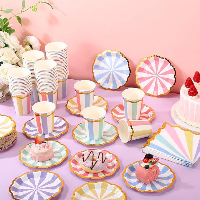 Yungyan 216 Pcs 72 Guest Pastel Party Plates and Napkins Gold Foil Scalloped Edge 6" Paper Dessert Plates and Striped Pastel 9 oz Cup Disposable Tableware Set for Birthday Wedding Baby Shower Supplies