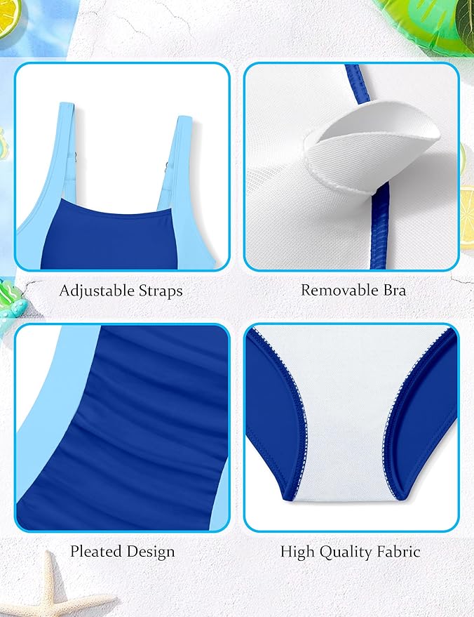 Girl Swimsuit One Piece Bathing Suit for Girls Solid Color Ruched Adjustable Straps Padded Swimwear 9-16y