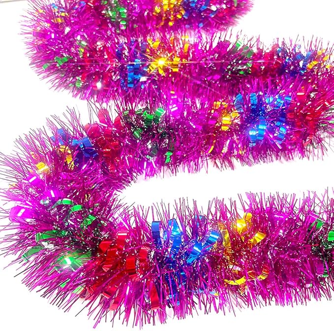 33Ft Long Tinsel Twist Garland Shiny Thick Metallic Foil Xmas Tree Decorations for Birthday Party Christmas New Year Parties Parade Floats and Other Holidays Hanging Decor Supplies-(Colours+Pink)
