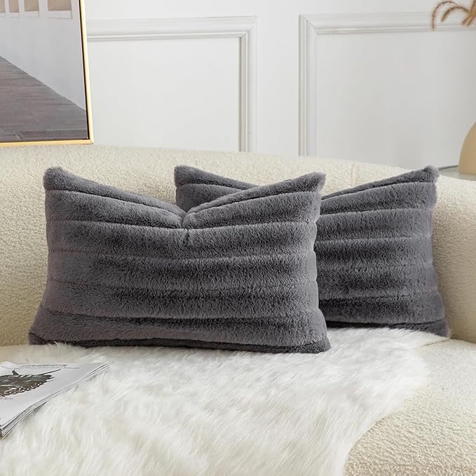 Pack of 2 Faux Fur Throw Pillow Covers 12x20 Inch Striped Decorative Soft Plush Couch Pillow Case Home Decor for Bed, Sofa, Living Room Darkgrey