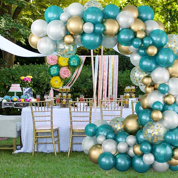 Matte Turquoise Blue Pearl White Balloons Garland Arch Kit Metallic Gold Balloon with Gold Confetti Latex Balloon Teal Blue Balloons Chrome Gold Party Decorations Supplies Birthday Baby Shower