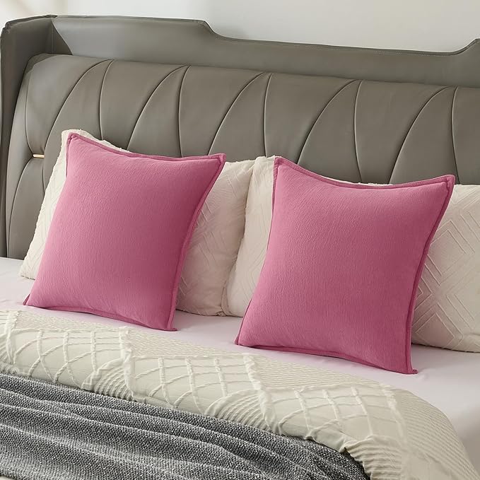 FUTEI Hot Pink Chenille Throw Pillow Covers 16x16 Inch Set of 2,Edges Double-Stitched Cushion Cases,Modern Home Decor for Couch Living Room