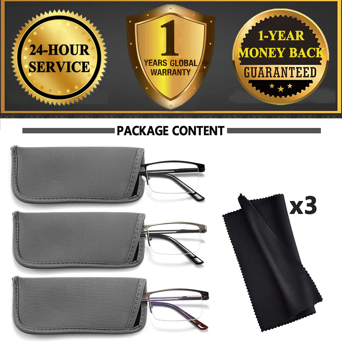 JJWELL 3 Pack Mens Reading Glasses Blue Light Blocking, Metal Rectangle Semi Rimless Readers for Men, Anti Eyestrain/Computer Glare/UV, Half Frame Spring Hinge Eyeglasses with Pouches(3.25)