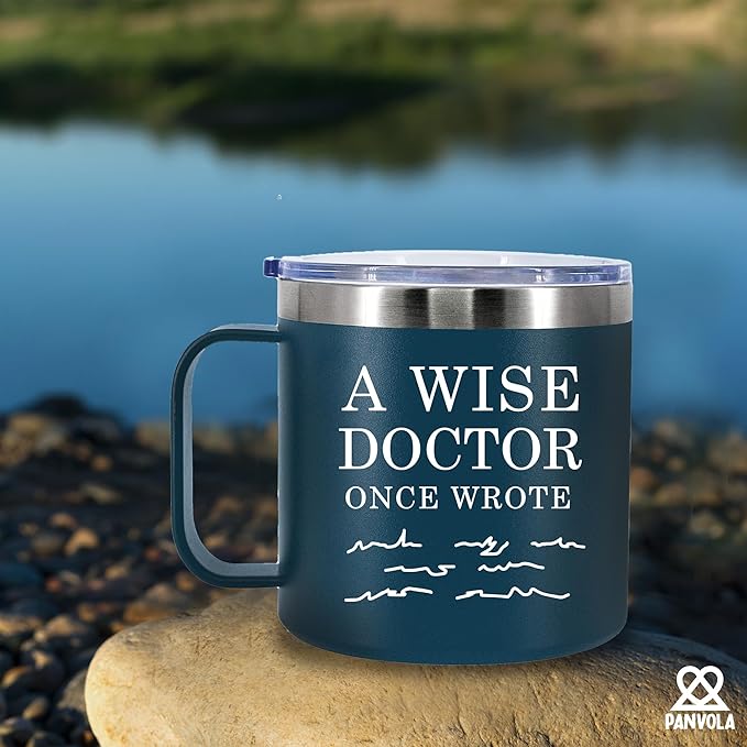 A Wise Doctor Once Wrote Insulated Coffee Cup 14oz With Handle And Lid Doctor Gifts Physician Medical Student MD Dr Husband Wife Dad Mom Stainless Steel Vacuum Insulated Camping Travel Mug (Blue)