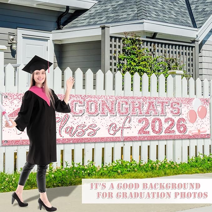 Pink Graduation Party Decorations Class of 2026 Banner Congrats Grad Rose Gold Graduation Yard Sign Banner for High School College Party