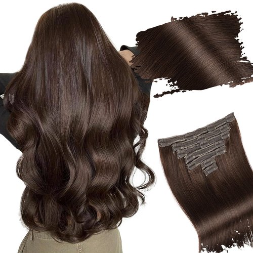 Starmo Clip in Extensions Real Human Hair Dark Brown Remy Lace Weft 18 Inch 7PCS 120g for Women
