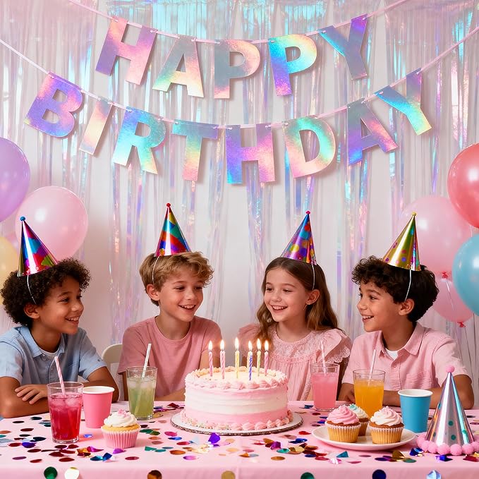 BTSD-home Iridescent Happy Birthday Banner 11ft Pre-Strung Letter Cards Reusable Cardstock Iridescent Birthday Decorations Unisex for Indoor Outdoor Holographic Party Backdrop