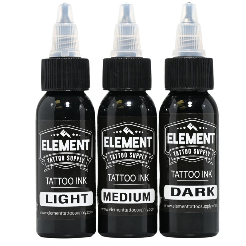 Element Tattoo Supply Greywash Tattoo Ink Set Light Medium Dark Blend Nighthawk Black Element White Formula for Shading Outlining Mixing Tattoo Work 1oz Bottle 5 Bottles