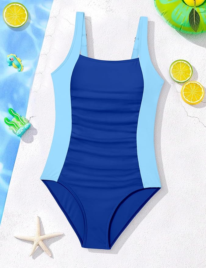 Girl Swimsuit One Piece Bathing Suit for Girls Solid Color Ruched Adjustable Straps Padded Swimwear 9-16y