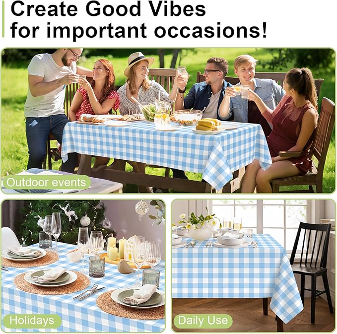 QIKSION Light Blue Gingham Tablecloth Disposable 2 Pack, 54 x 108 Inch Blue and White Checkered Table Cloth for Baby Shower, Easter Decorations, Birthday Party, Rectangle, Plastic Table Cover