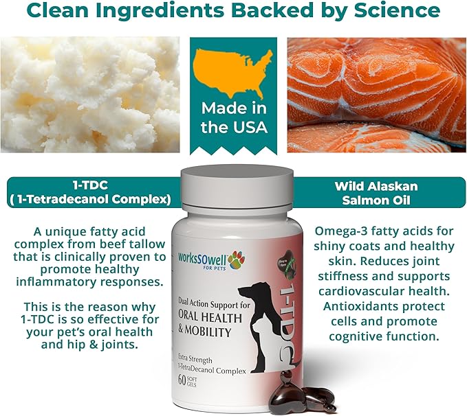 1TDC WorksSoWell Dual Action Joint Supplement for Dogs & Cats - Hip and Joint Supplement for Large Breed & Small Breed - Also Great for Oral Health - Muscle & Stamina Recovery & Arthritis - 60ct