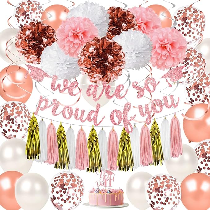 Graduation Decorations 2026 Pink Class of 2026 We Are So Proud of You Banner, Rose Gold 2026 Balloons for Pink Graduation Confetti Party Decorations