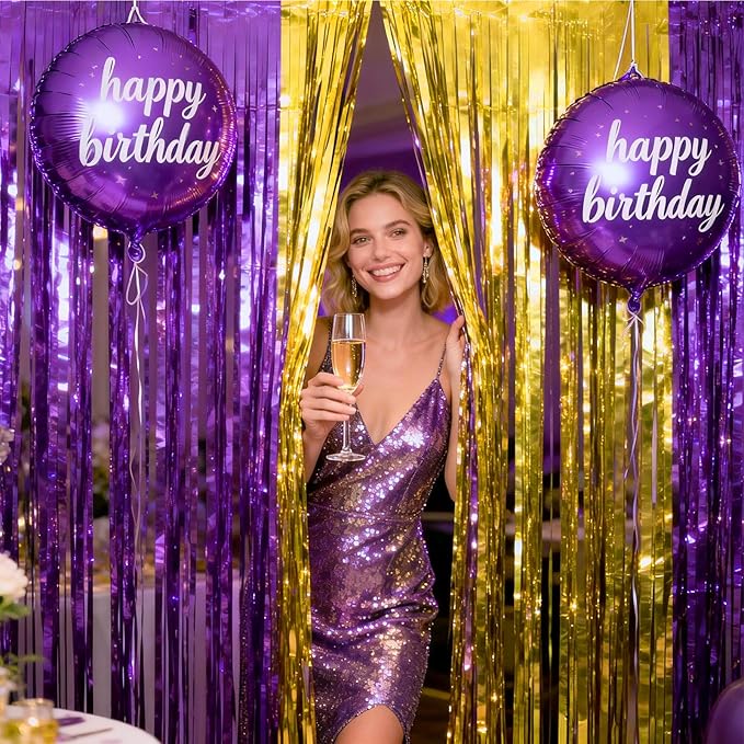 jijAcraft 3 Pack Purple Gold Tinsel Foil Fringe Curtain,Graduation Party Photo Backdrop, Metallic Foil Purple Gold Streamers for Graduation Decor Party Milestone Birthday Theme New Year’s Eve Party