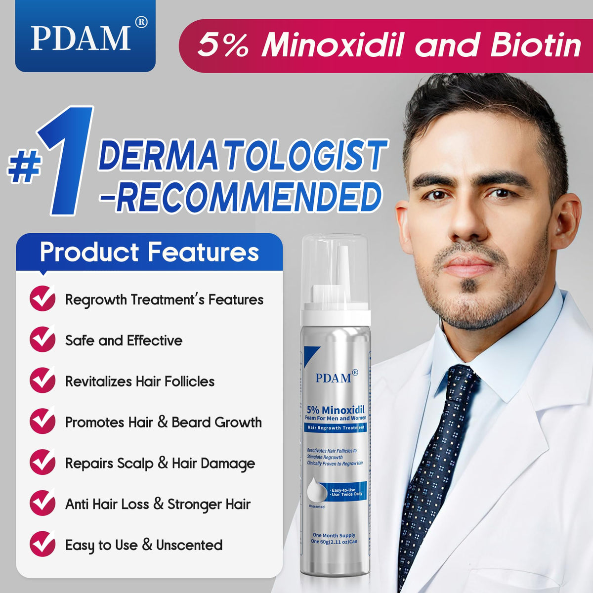 Minoxidil for Men and Women Foam Hair Growth - 5% Minoxidil Foam Hair Regrowth Treatment for Men, Topical Hair Loss Treatments, Extra Strength Thicker & Fuller Hair, 4 x 2.11 oz for 4 Months