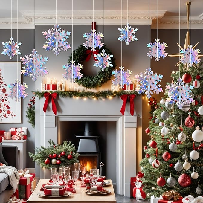 JULMELON 18PCS Christmas Hanging Snowflakes Decorations, 3D Holographic Paper Snowflakes Iridescent Snow Flakes Frozen Winter Wonderland Decorations for Christmas New Year's Birthdays Winter Parties