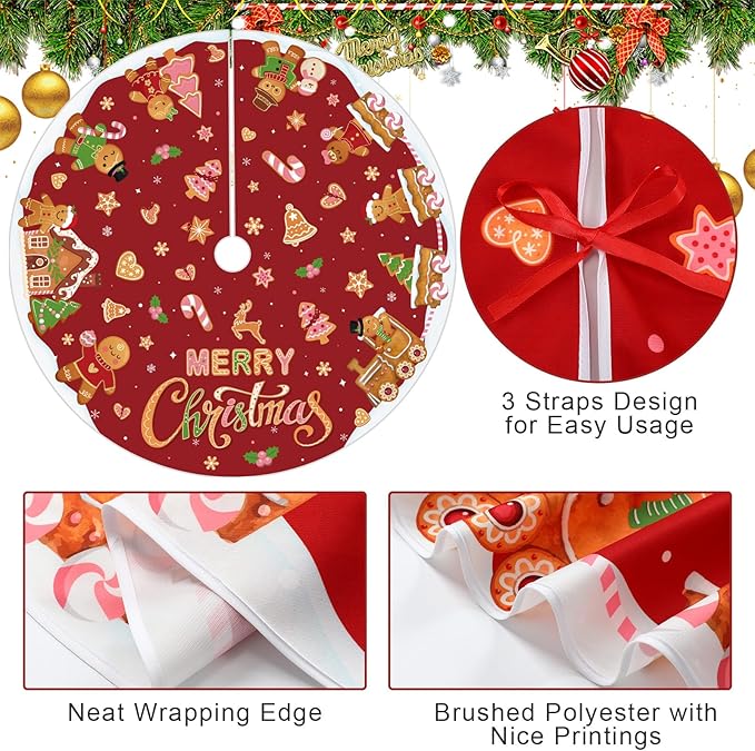 Capoda Red Christmas Tree Skirt Gingerbread Man Candy Christmas Tree Skirt 48 Inch Xmas Tree Mat Gingerbread Christmas Tree Skirts Mat for Holiday Christmas Party Decorations Indoor Outdoor
