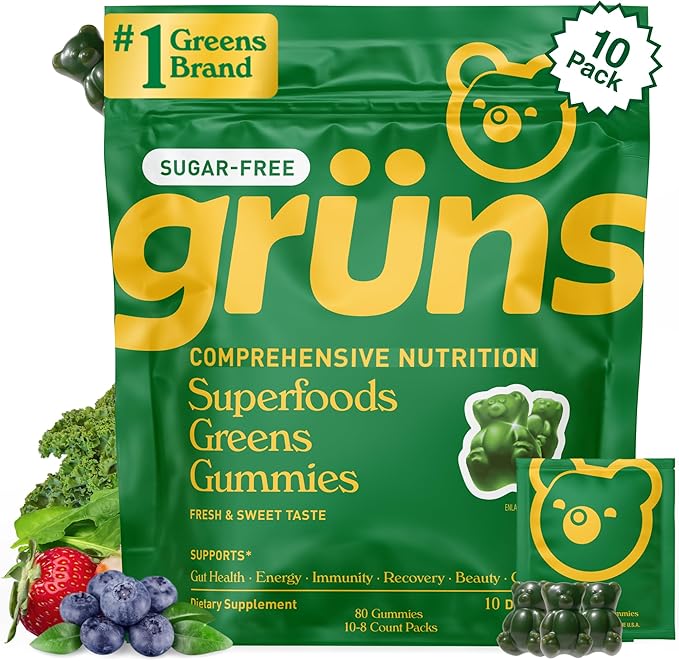 Gruns Sugar-Free Super Greens Gummies, Multivitamin Superfood Gummy Bears, Spirulina, Chlorella, Prebiotics & Fiber gummies for Digestive Health, Adaptogens Supplement, 20 Vitamins & Minerals, 10 pack