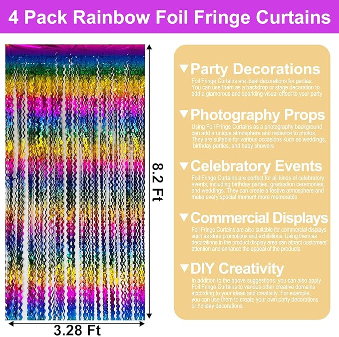4 Pack Rainbow Wave Foil Fringe Curtain Backdrop, 3.28Ft x 8.2Ft Metallic Tinsel Foil Fringe Streamer Curtains for Photo Booth, Mother's Day, Easter, Birthday, Wedding Party Decoration