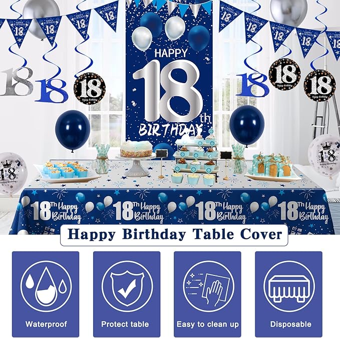 18th Birthday Decorations for Boys Girls, Blue Silver Happy 18th Birthday Decorations Set with 18th Birthday Backdrop Banner Tablecloth Balloons Triangle Flag, 18 Year Old Men Party Decor Supplies