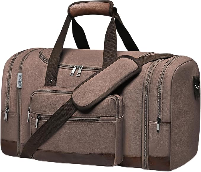 Wolhbege Duffle Bag for Travel,Mens Travel Bag & Carry On Bag for Men with Expandable Design and Luggage Sleeve –Duffel Bag for Gym, Weekender, Overnight Trips Brown