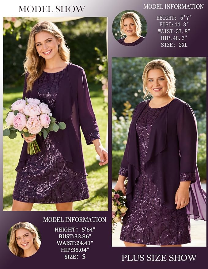 GRACE KARIN Women's Sequin Dress - Wedding Guest & Mother of The Bride Formal Dress - Two Piece Knee Length
