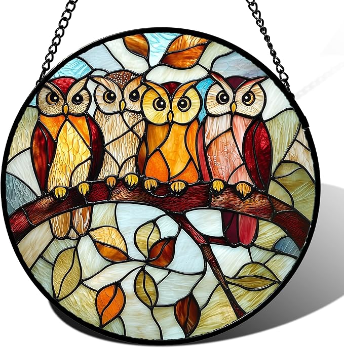 Stained Glass Window Hanging, 4 Owls on a Branch Sun Catcher for Door Home Decor White Brown Bird Suncatcher Christmas Mother's Day Birthday Gifts for Women Men Mom and Nana 11.8 in