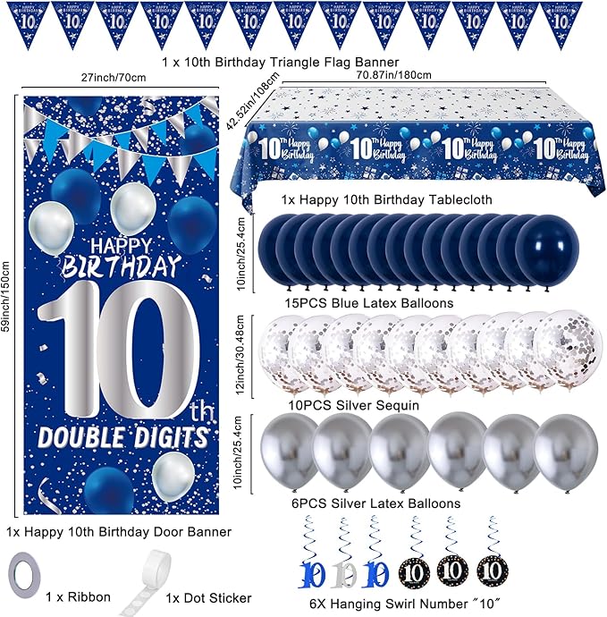 10th Birthday Decorations for Boys Girls, Blue Silver 10th Birthday Decorations Backdrop with Happy 10th Birthday Banner, Number 10 Hanging Swirls, Triangle Flag, 10 Years Old Party Decor Supplies