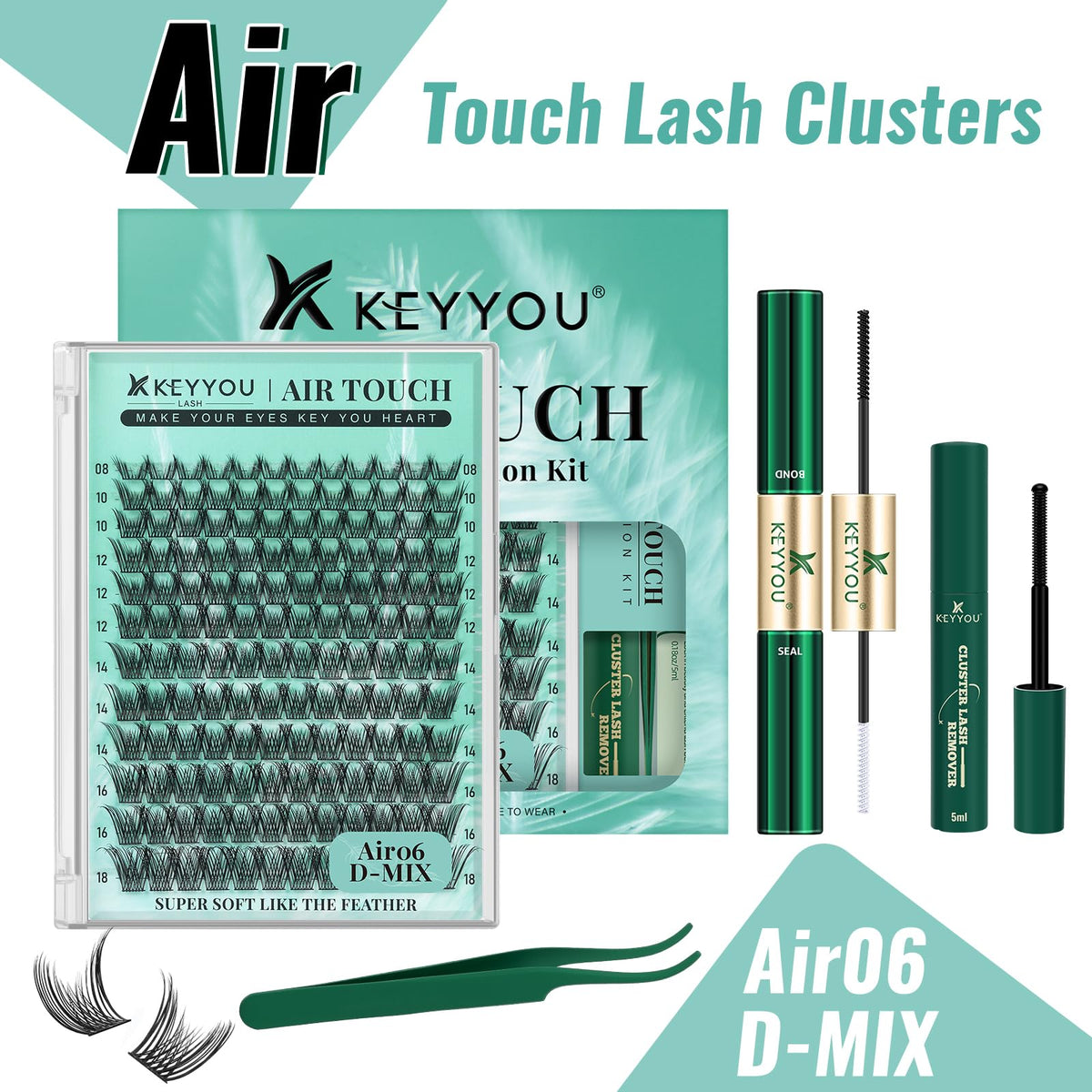KEYYOU Lash Extension Kit 144pcs Air Touch Lash Clusters with Bond and Seal Lash Applicator Remover D Curl DIY Eyelash Extension Kit Easy to Apply at Home(Air06Kit-D-8-18Mix)