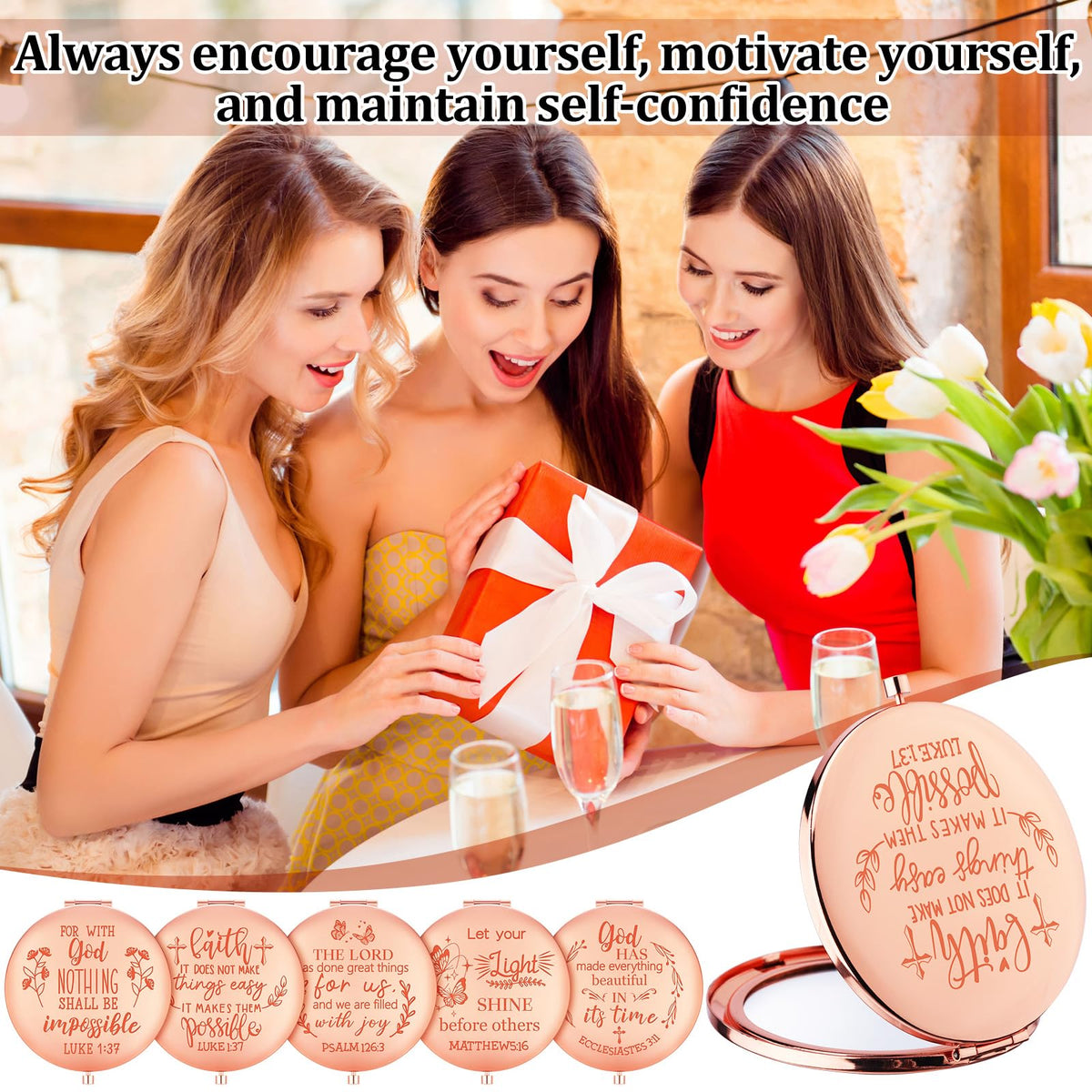 Huwena 12 Pcs Christian Gifts Mirror for Women Bulk Bible Verse Makeup Folding Compact Pocket Mirror Back to School Party Inspirational Religious Gift Teacher Coworker Employee Travel Church Baptism