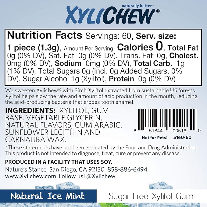 Xylichew 100% Xylitol Chewing Gum - Non GMO, Non Aspartame, Gluten Free, and Sugar Free Gum - Natural Oral Care, Relieves Bad Breath and Dry Mouth - Ice Mint, 144 Count
