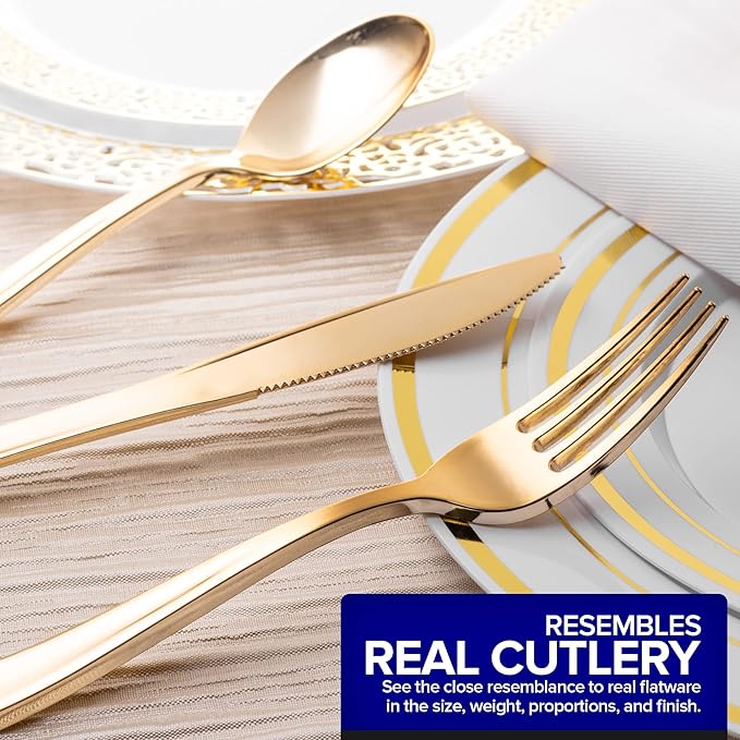 75 Pieces Heavy Duty (Gold) Plastic Silverware Set, Disposable Cutlery Set, Great for Parties, Weddings, and Catering, Flatware Utensils Included: 25 Forks, 25 Spoons, 25 Knives, Stock Your Home