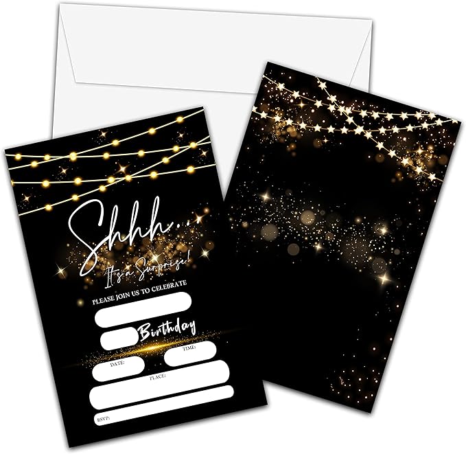 Surprise Birthday Invitations with Envelopes - Shhh It's A Surprise Party Invitation Card for Kids Adults - Black Gold Glitter Fill-in Invites Cards(20 Pack) -16