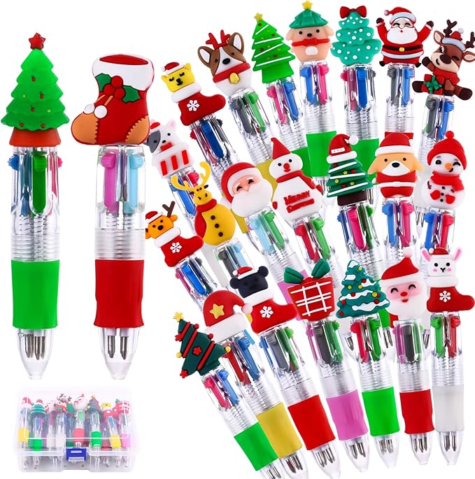 24PCS Christmas Multicolor Ballpoint Pens 4 Colors in 1, Retractable 0.7mm Cartoon Cute Fun Pens Santa Snowman Writing Pens for Holiday Party School Supplies Students Rewards
