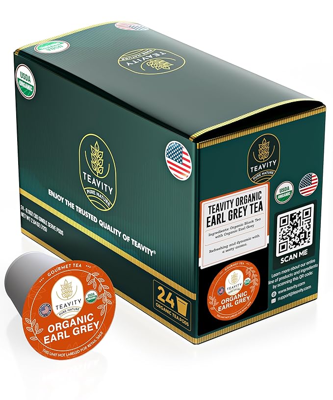 Organic Earl Grey Tea Pods for Keurig - Caffeinated Unsweet Black Tea for K Cup Brewing by Teavity (24 Tea Pods)