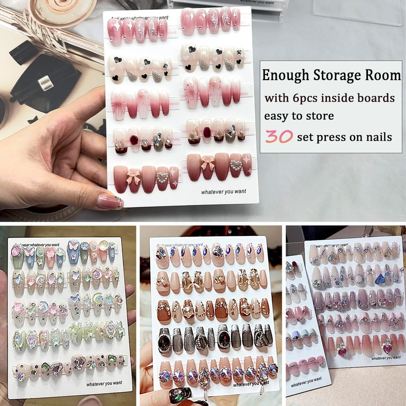 Press On Nail Organizer 6 Layer Acrylic Press On Nail Storage Box Large Nails Art Display Board for Fake Nails Storage Case Nail Display Salon Supplies with Tape