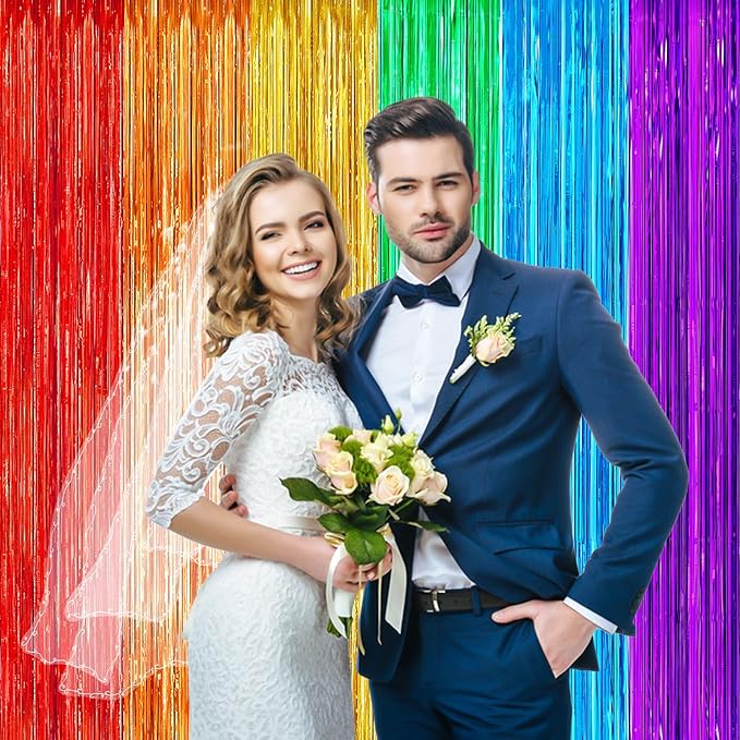4Pack Rainbow Backdrop Curtains,13.2x8.3ft Colofull Party Decorations, Metallic Tinsel Backdrop Fringe Curtains Party Streamer, Rainbow Streamers Party for Wedding Birthday Engagement Decors