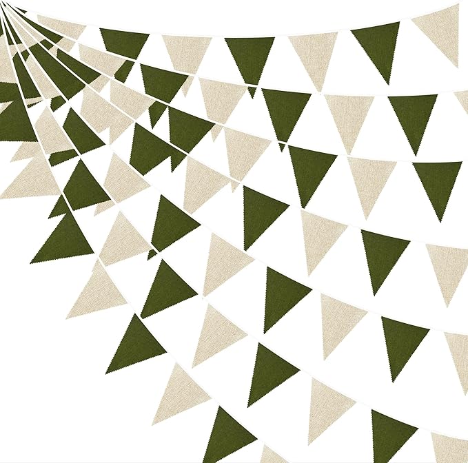 46Ft Olive Green Party Decorations Olive Green Beige Burlap Banner Triangle Pennant Flag Linen Garland Streamers for Rustic Jungle Birthday Wedding Golf Baby Shower Easter Party Decorations